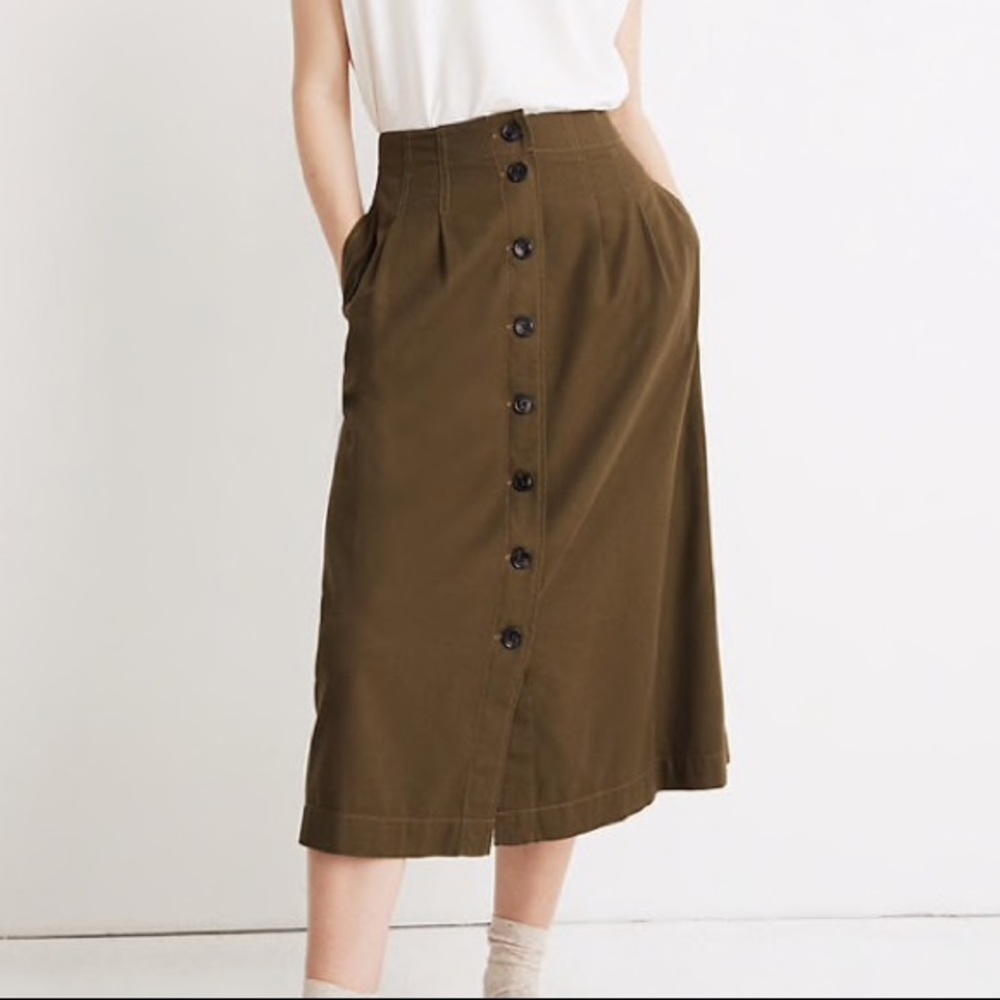 NWT Madewell Green Patio Button Front Midi Skirt